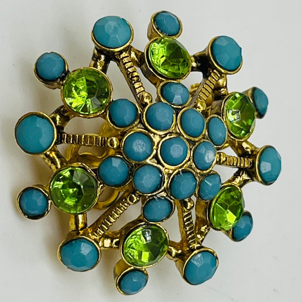 Robin’s Egg Blue, and Green gem ,Flower Clip Earrings.  Vintage